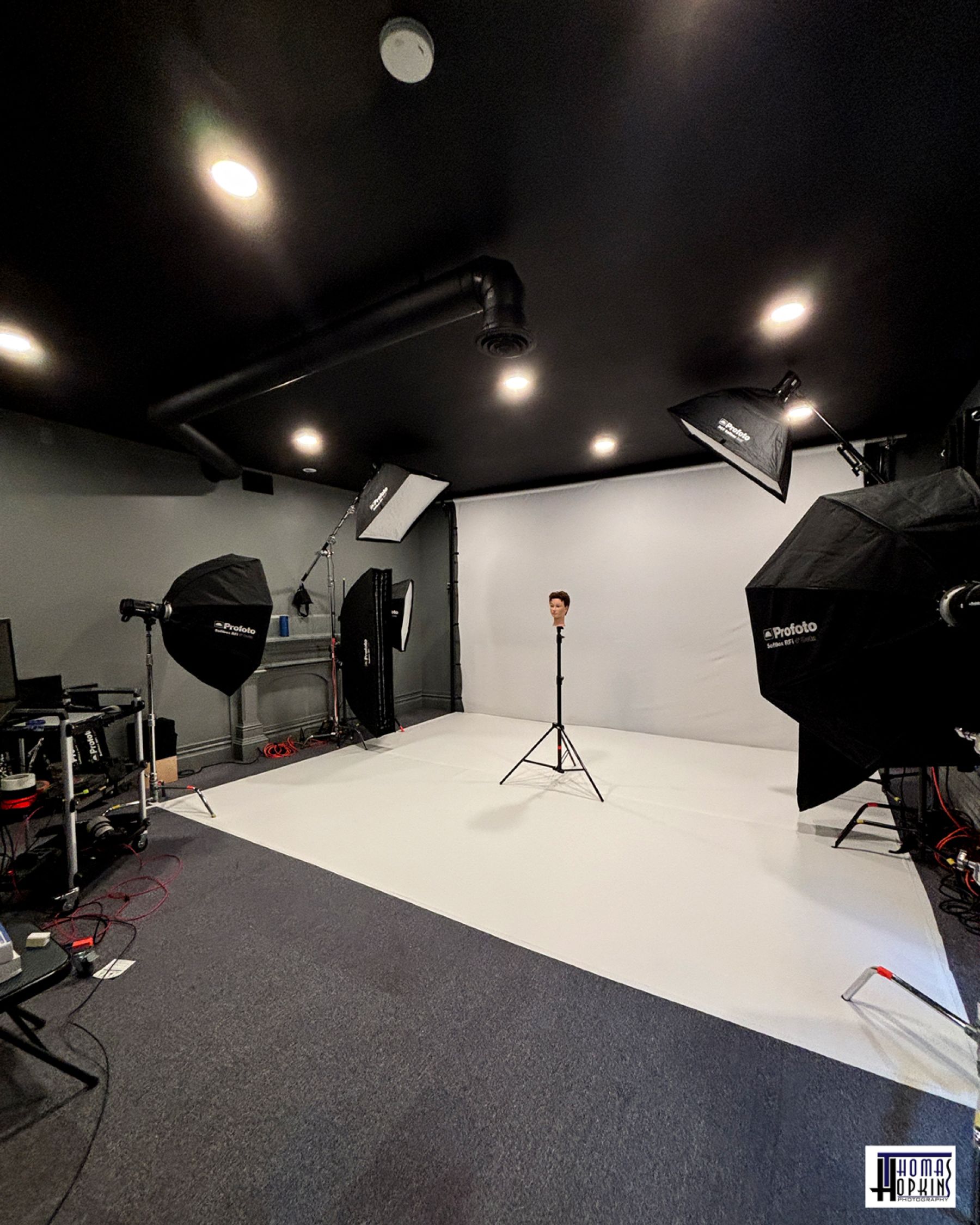 Behind the scenes at Thomas Hopkins Photography with studio lighting ready for a dance session