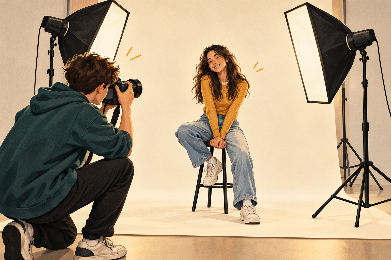 Illustration of a teen photographing a portrait with a camera and two studio softbox lights